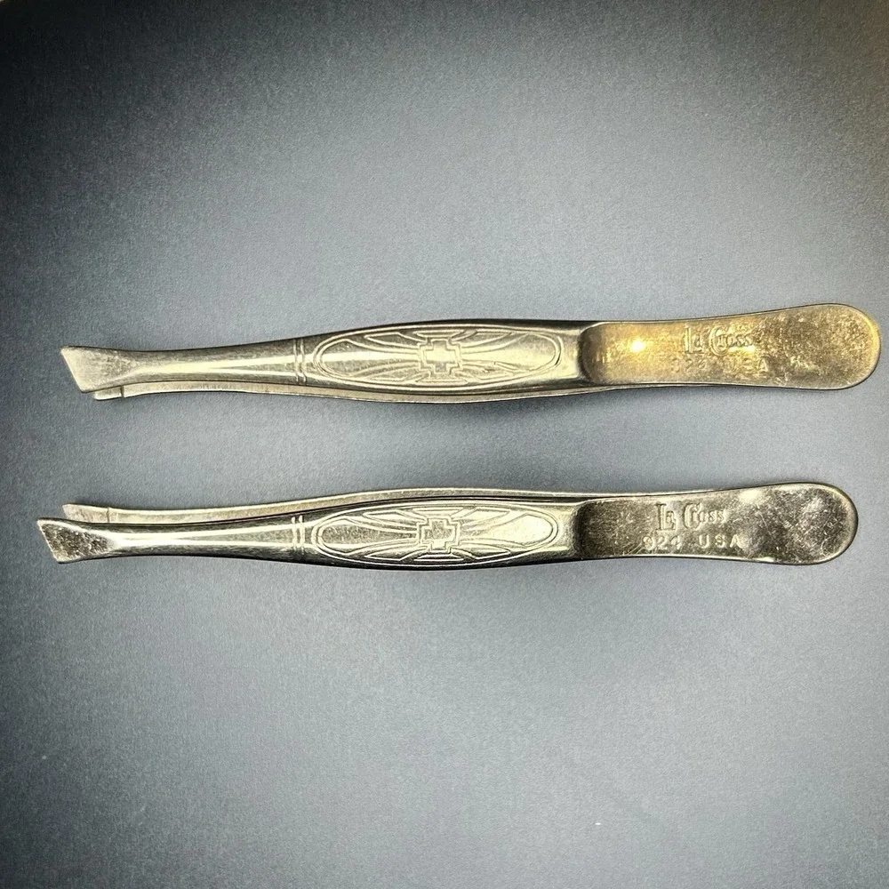 2- Vintage La Cross 924 Silver‎ Slant Tip Tweezers Medical Cross Emblem USA
